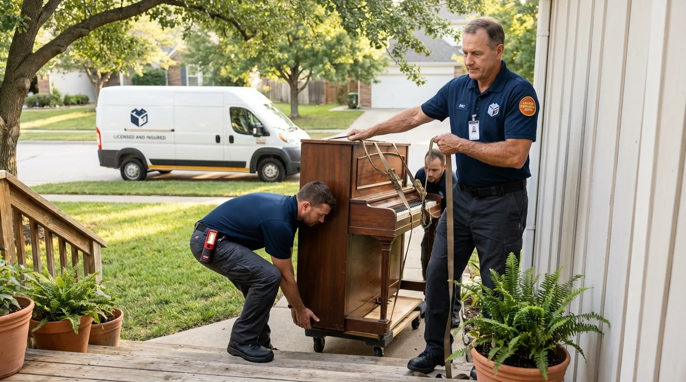 Licensed piano movers securing grand piano in Englishtown, NJ