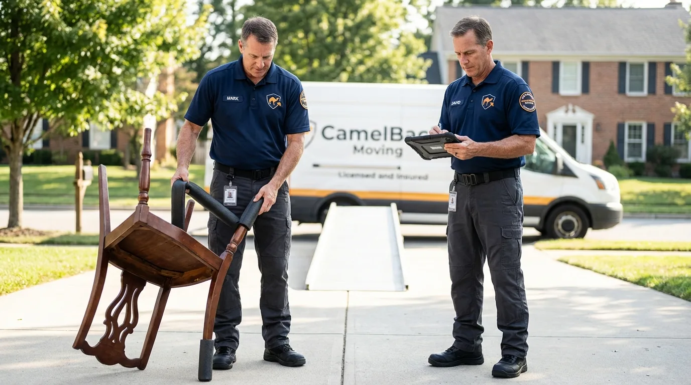 Movers inspecting furniture for damage prevention before loading in Englishtown, NJ