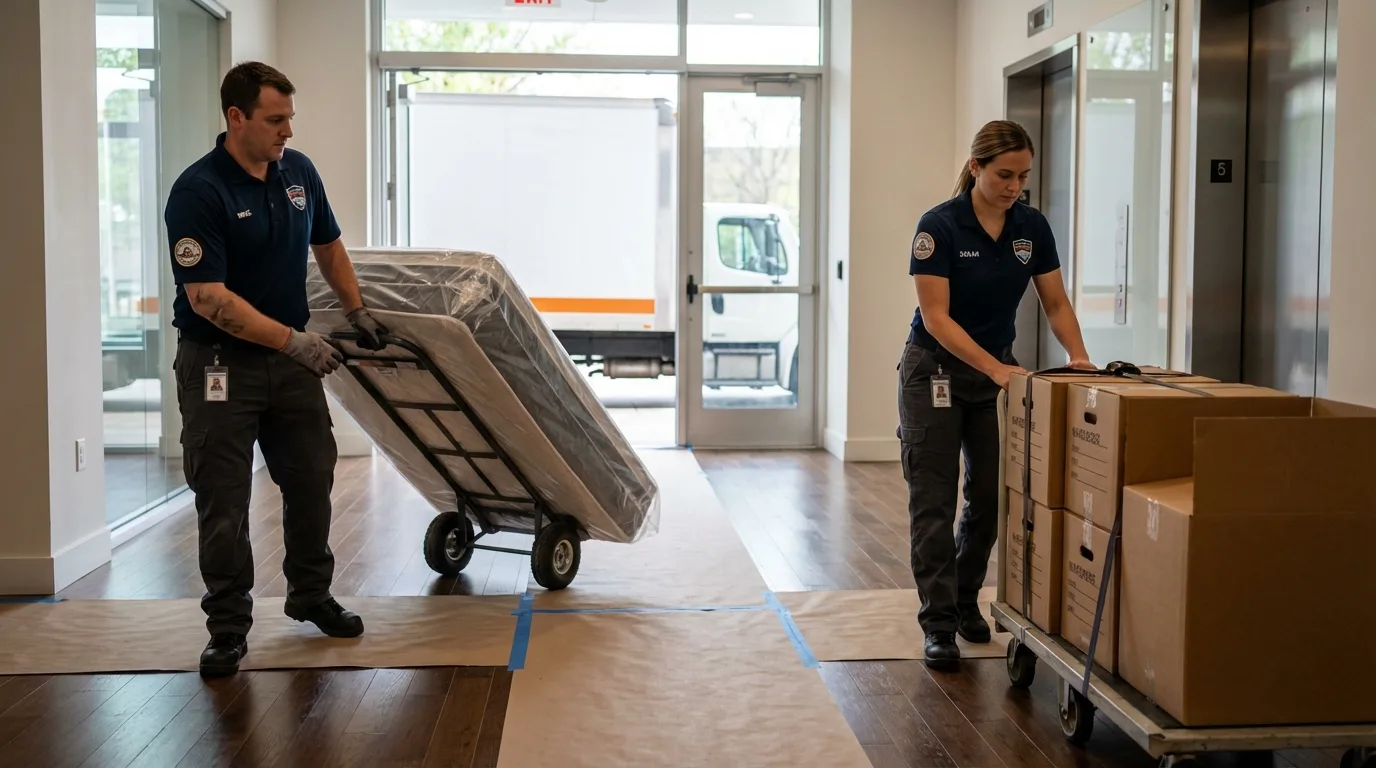 Professional apartment movers loading elevator in Englishtown, NJ