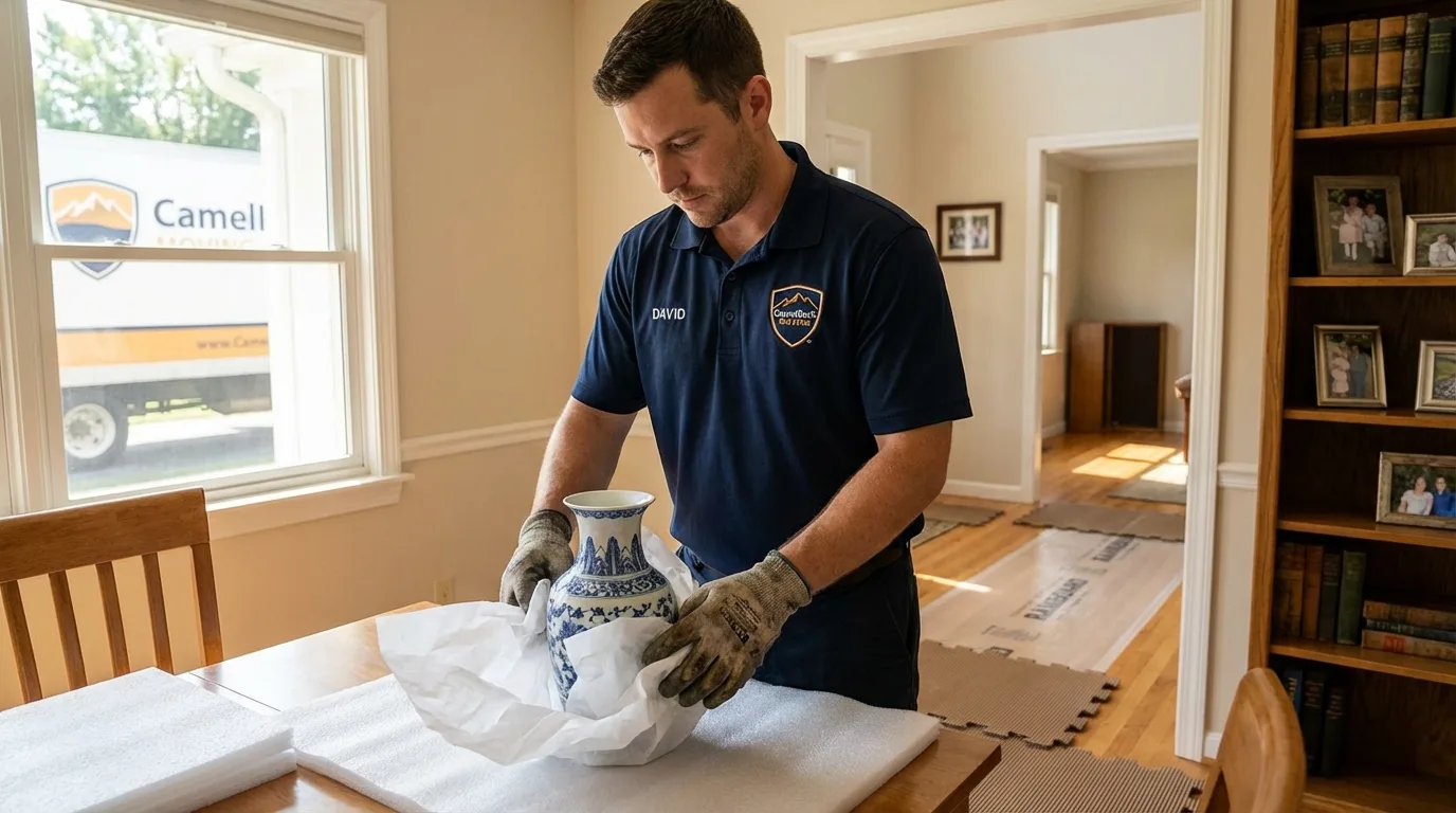 Professional crew carefully wrapping antique vase for senior downsizing move in Englishtown, NJ
